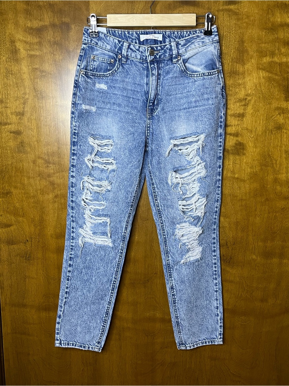 Almost Famous Women’s Distressed Mom Jeans Acid Wash Blue Size 5